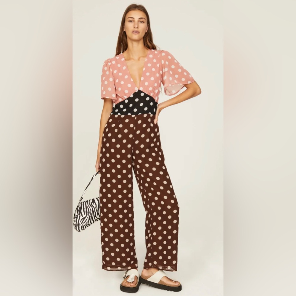 Lisa Says Gah Cassandra Jumpsuit Colorblock Neutrals Polka Dot Pattern sz Large